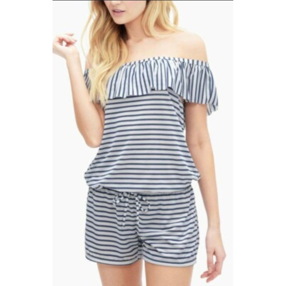 Splendid Womens Blue White Striped Off The Shoulder‎ Ruffle Romper Size Small